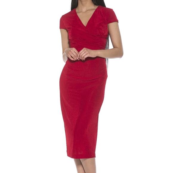 Alexia Admor NWT Orine Red Dress Knee Length Crossover Cap Sleeve Small Shimmer - Picture 1 of 12